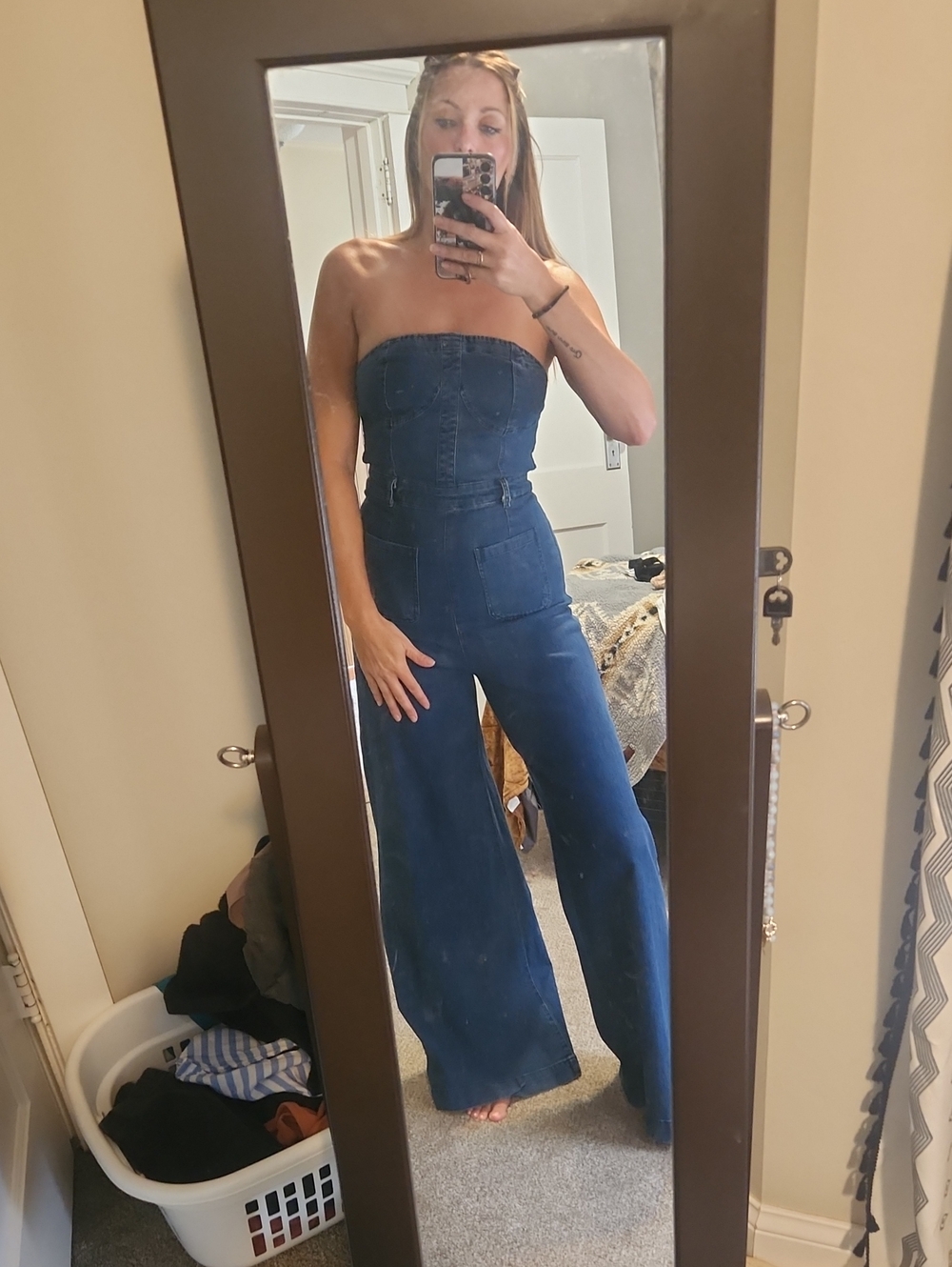 Strapless Wide-Leg Women's Jeans Jumpsuit - Dark Blue